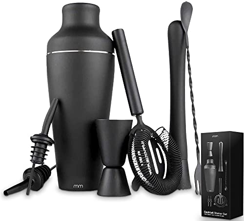 MikaMax Cocktail Shaker Set 700ml – 9-teilig, inkl. Shaker, 2X Liquor Pourer, Cocktail-Mixing-Löffel und -Gabel, Hawthorne Strainer, Muddler, Jigger 50ml und 30ml, Rezeptbuch, Mattschwarz