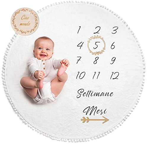 ODOXIA Coperta Mesi Neonato In Italiano | Tappetino Rotondo Mesi Per Maschio O Femmina, Unisex | Genere Neutro | Regalo Baby Shower Per Neomamme | Copertina Mesi Neonato | Cornici In Legno Incluse