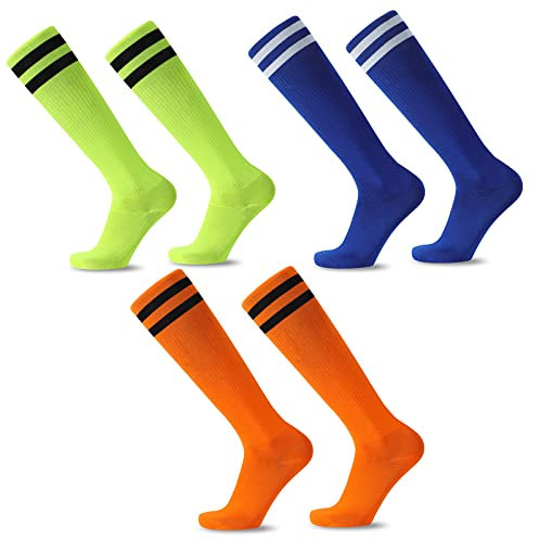 EQLEF Calzettoni calcio bambini, Comodi calzini da calcio per bambini a sezione sottile Calzini da calcio traspiranti ed eleganti per ragazzi e ragazze da 6-10 anni (Giallo, blu, arancione)