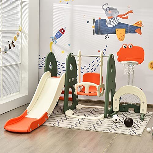 RELAX4LIFE 6 in 1 Centro Attività per Bambini, Parco Giochi con Scivolo, Altalena e Canestro, Set di Scivoli per Bambini da Giardino o Cameretta, Età 18 Mesi - 5 Anni (Arancione+Verde)