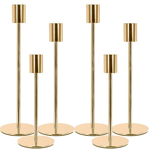 MOYKSRR Portacandele in Metallo, Candelabro Set di 6 Oro Portacandele Tre Diverse Dimensioni 22.3/27.2/32.1cm, per Candele Coniche da 2.2cm, Candeliere per Matrimoni, Compleanni, Natale, Cena a Lume