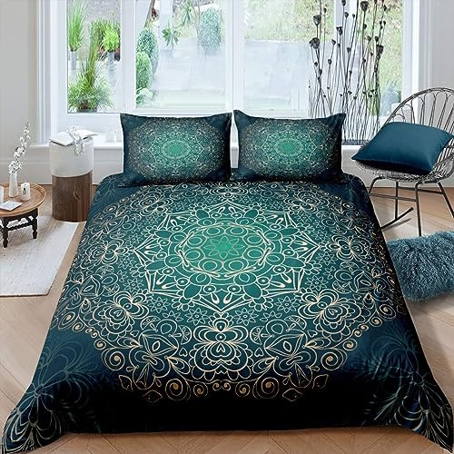 Boho Mandala - Copripiumino Bohemien, stile biancheria da letto, set da letto per bambini, decorazione di fiori esotici, set da letto 220 x 240 cm, da donna, in oro verde, set di biancheria da letto