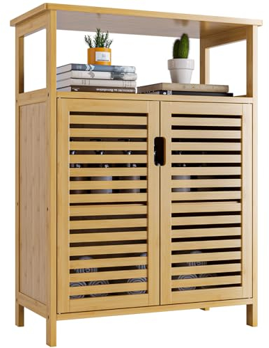 HITNET Badschrank Bambus, Badezimmerschrank Freistehender, 2 Türen, Schrank für Bad, Wohnzimmer, Esszimmer, Natur