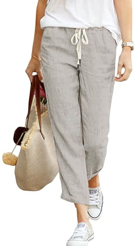 Hose Damen Leinen Sommerhose 7/8 Casual Leichte Baumwolle Leinenhose Stoffhose Bequeme Luftige Freizeithose Strandhose Mit Taschen (Grau, M)