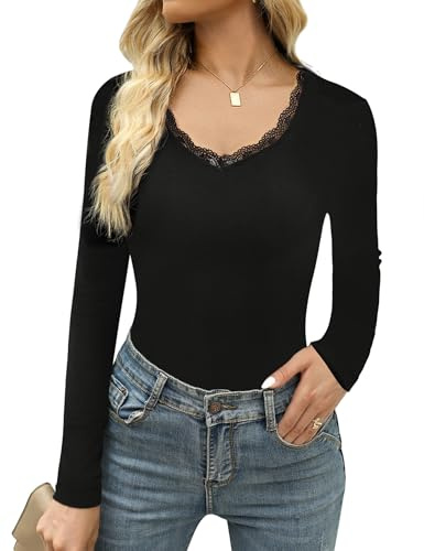 Crewhpo Maglietta a Manica Lunga Donna Maglie a Maniche Lunghe in Pizzo T-Shirt Donna con Scollo a V Camicette Donna Tinta Unita Basic Slim S-XXL