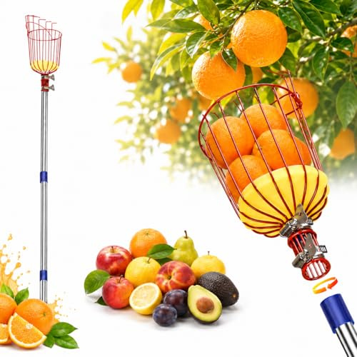 Anewkle Herramienta para Recoger Frutas con Cesta de Metal, Mango Ajustable, Barra de extensión de Acero Inoxidable, Abrazadera de Metal, recogedor de Frutas con Almohadilla Protectora de Espuma para