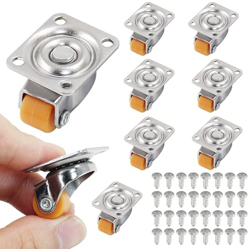 Murtenze 8PCS Mini Swivel Caster Wheels 1/2 inch Small Caster Wheels, Low Profile Self Adhesive Caster Wheel Steel Top Plate for Small Appliances, Furniture, Toy Cart Storage Boxes & Bins(Orange)
