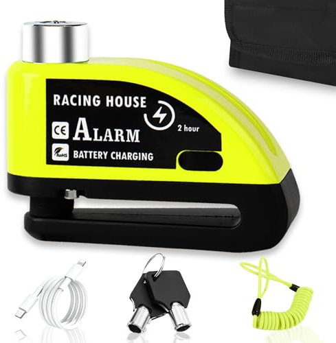 Hiridi Bloccadisco Moto Lucchetto Moto Antifurto con Allarme Sonoro 110DB Sensori Movimento - Impermeabile Resistente - Blocco Pressione 7mm con Accessori - 1,5 m Cavo Promemoria - Lucchetto Borsa.
