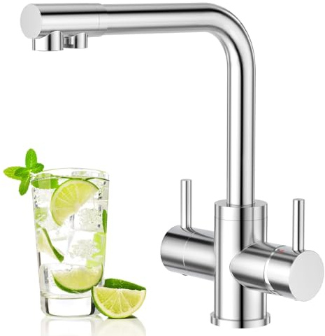 Aktines Rubinetto per Lavello da Cucina a 4 vie a Doppia Leva Miscelatore con Acqua Potabile e Soda per Filtro acqua e Gorgogliatore, cromato lucido