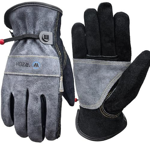 WZQH Guantes de Trabajo de Cuero Para Hombres y Mujeres. Para Jardinería, Soldadura, Construcción, Motosierras, Granjas, Pastos, etc. Piel de Vaca, Revestimiento de Algodón. Gris - Negro L