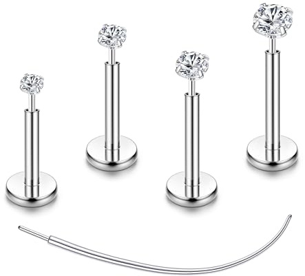 Chriscoco 4-8 Pcs G23 Titanio Piercing Trago Piercing Orecchio Naso Brillantino Helix Conch Labret Piercing CZ Piercing Labbro Inferiore Oro Argento Trago Piercing Donna 16G/18G/20G, E