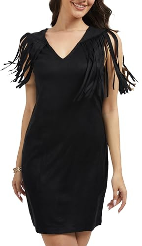 J.Corrine Mini robe bohème en daim pour femme avec franges, col en V, robe sans manches, robe débardeur, gilet de cowgirl, hippie, fête, cowboy, cosplay