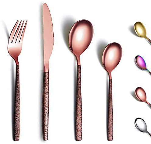 Berglander Ménagères assorties 24 pièces avec poignée en surface de lune et tête en or rose brillant placage de titane, ensemble de couverts en cuivre en acier inoxydable Service pour 6