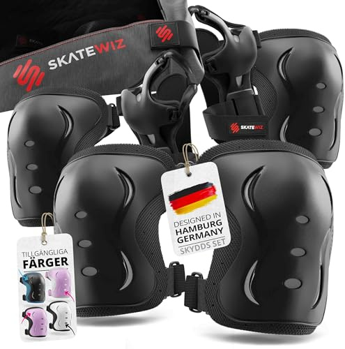 SKATEWIZ Schoner Inliner Kinder Knieschoner Kinder - Knieschützer - Protektoren Set - Knie und Ellenbogenschützer - Schlittschuhe Größe XS Schwarz