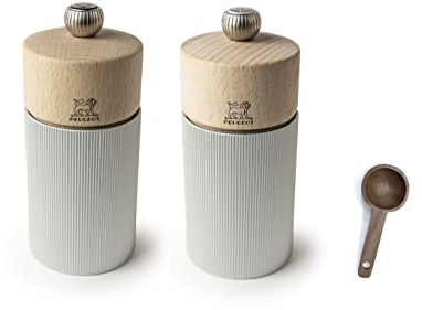 Peugeot Line Manual Salt & Pepper Mills Gift Set, alu, 12 cm - 4.75 Natural Wood - With Wooden Spice Scoop