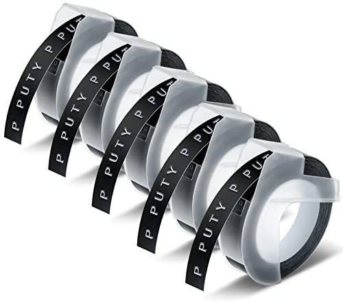 5 X 523809 9mm Band Kompatible für Dymo Omega 3D 3/8 Schwarz Etikettenband als Ersatz für Dymo Omega Prägeband Junior Etikettenband Weiß auf Schwarz