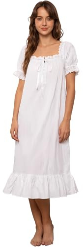 Nanxson Donna Camicia da Notte Vittoriana in Cotone Sleepwear Stile Principessa Vintage A Maniche Corte/Lunghe Lunga in Pizzo Con Volant (S, Manica Corta Bianca)