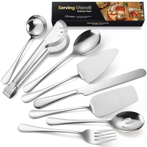 AARAINBOW Servierutensilien Set 8 Stück, Groß Partei Servier Besteck mit Servierlöffel, Edelstahl Servierlöffel Salatzangen Torten Besteck Set, Zuhause Salatbesteck für Buffet Bankett (8 Silbrig)