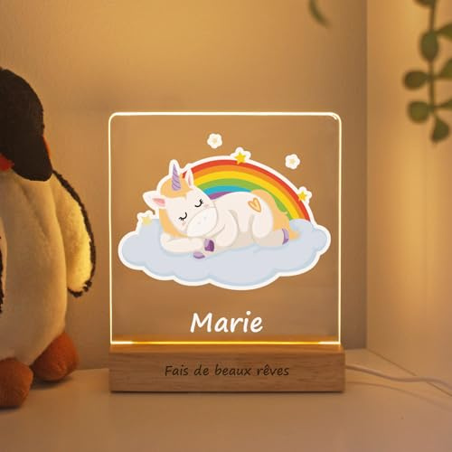 LASERO' Lampada Personalizzata con Nome – Plexiglass Stampato UV e Base in Legno con Dedica – Lampada Notturna Bambini Cameretta – Regalo Personalizzato Neonato Nascita e Battesimo (Unicorno)