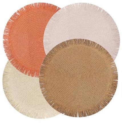 Octonyluck Juego de 4 Manteles Individuales Redondos, Manteles Individuales Bohemios con Exquisitas Borlas, Resistentes al Calor, para Cocina, Restaurante, Mesa de Comedor, DecoracióN del Hogar, 38Cm