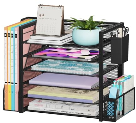 Simple Trending 6 Tier Desk File Organizer, Paper Letter Tray Organizer with File Holder and Pen Container, Black