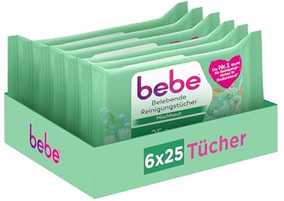 bebe Belebende Reinigungstücher (6 x 25 Tücher), gründlich reinigende Abschminktücher für Mischhaut mit Jojobaöl, milde Gesichtsreinigungstücher entfernen bis zu 99% wasserfestes Make-up