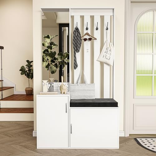 Marooma Set di appendiabiti da parete, armadietti con scarpiera, 4 ganci appendiabiti, specchi, scarpiere, corridoio, panca d'ingresso (bianco, 100 x 40 x 180 cm)