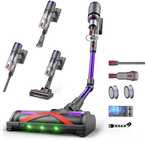 Circlio Aspirapolvere Senza Fili, 600W/58000Pa, Scopa Elettrica Senza Fili 75 Min, Aspirapolvere Senza Filo con LED Touchscreen, Autoportante Anti-Avvolgimento per Tappeti/Pavimenti/Peli Animali