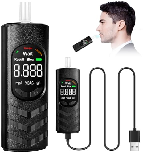 Alaoo Etilometro, Etilometro Portatile, Professionale Ricaricabile Alcol Test Digitale, Etilometro Digitale LCD ad Alta Precisione, Dotato di 20 Bocchini, Adatto per Uso Domestico e Personale