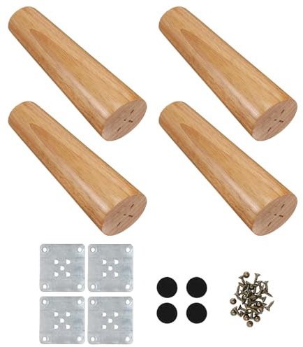 Veemoon Wood Furniture Legs Set 5x15cm Oblique Tapered Rubberwood Sofa and Chair Replacement Legs with Lacquer Finish Includes Metal Plates Screws and Pads for Cabinet and Table