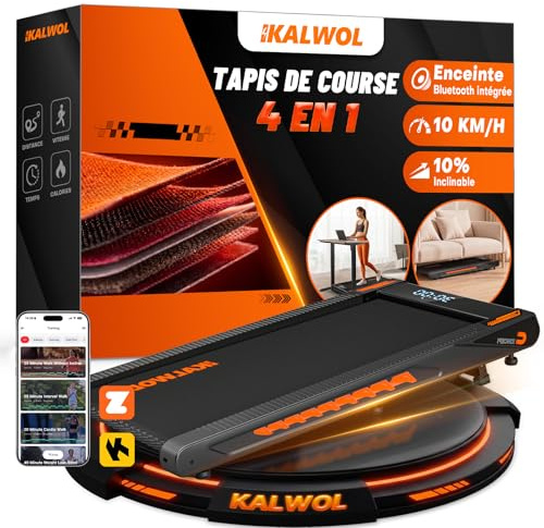 KALWOL Tapis de Course, Tapis de Marche avec Enceinte Bluetooth – Inclinaison 10%, Moteur Silencieux 2,75 CV, 10 km/h, 12 Programmes HIIT, APP & Télécommande, Charge 160 kg – pour Maison & Bureau