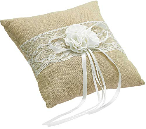 EinsSein Ringkissen Hochzeit Jute 20x20 cm Beige | Edles Traukissen für Eheringe im Vintage Stil mit Satinband | Natürlicher Ringhalter für Standesamt & Zeremonie
