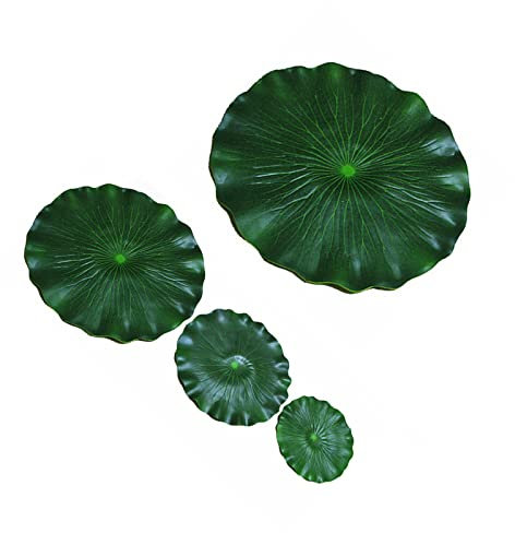 MYSUNBAR 8 hojas de loto con 1 rollo de hilo de pesca, hojas de nenúfar artificiales, aprox. 10 15 18 20 cm de diámetro, hojas de nenúfar para estanque, decoración de flores de loto, plantas verdes,