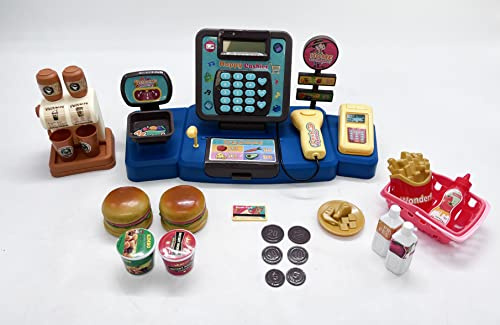 Flex Electronic Kids Cash Register Toy with Scanner Card Machine Play Money Coffee Maker Burger Set Pretend Play Toy for Boys Girls Age 3-6 YearsSupe rmarket Checkout Counter with Sound & Lights Blue