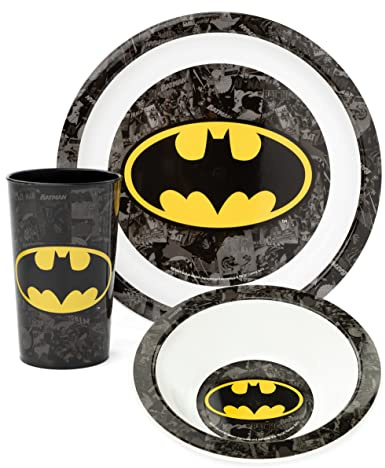 DC Comics Batman Kids 3 Piece Dinnerware Set | Boys & Girls Yellow Superhero Tableware PP Dinner Plate, Bowl And Tumbler Cup