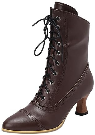 Briskorry Bottines vintage victoriennes pour femme - Bottes en cuir - Style rétro gothique - Steampunk - En cuir synthétique - Bout pointu - Bottes de moto à lacets - Pour la fête de la bière, Marron