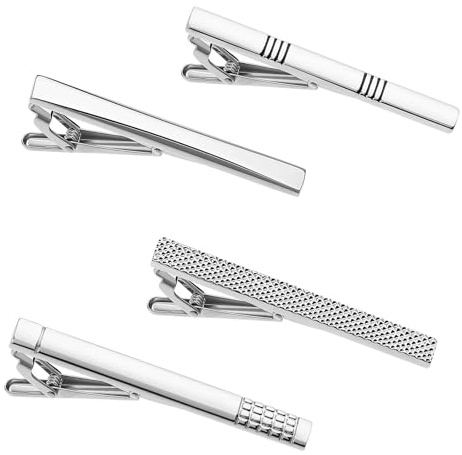 COMNICO 4 Pcs Tie Bar Clip for Men Silver Personalized 2.3 Inch Tie Clips Set Tie Tack Pins Business Suit Accessories Men for Wedding Boyfriend Gift Father's Day Valentine's Day