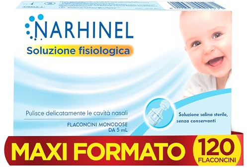 Narhinel Soluzione Fisiologica MAXI FORMATO da 120 flaconcini per lavaggi Nasali, Soluzione Salina Isotonica, Detersione Delicata in Caso di Naso Chiuso, Pacco da 120 Flaconcini Monodose da 5 ml