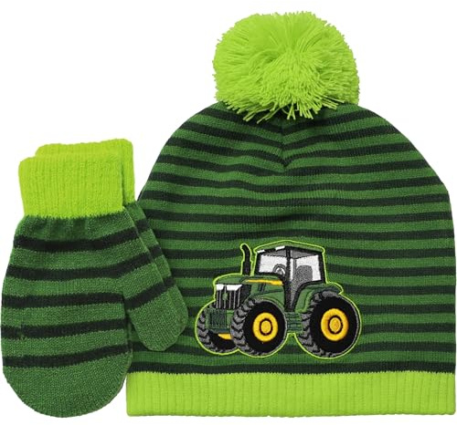 JOHN DEERE Bonnet tricoté pour enfant - Gants de tracteur - Vert à rayures - Acrylique, vert, 47-52