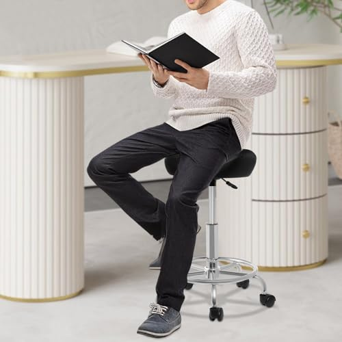 DGJMuu Sadelpall, arbetspall, roterande pall, ergonomisk sitt- och ståpall, justerbar höjd 360° vridbar kontorspall för kontor, salong, massage, spa (1, svart)
