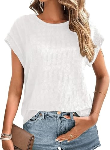 Cuptacc Haut Femme Col Rond T Shirt Manches Courtes Été 2025 Blouse Manche Dolman Top Chic Blanc, Moyen M 38-40