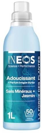 Adoucissant INEOS, à 95% à base de plantes, éliminie les bactéries responsable des mauvaises odeurs, Parfum longue durée Sels Minéraux et Jasmin, 1L (50 lavages)