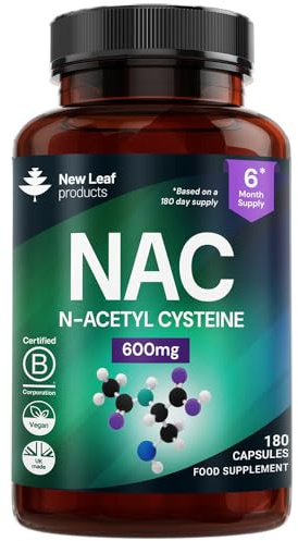 NAC N-Acetyl-Cysteine 600mg Capsules N-Acetyl Cysteine Nutritional Supplements 180 NAC Capsules - Nac Supplement High Bioavailability Amino Acid - Vegan Friendly - Made in UK by New Leaf