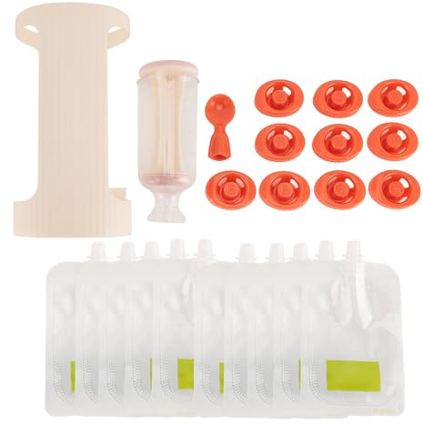 Fruktklämstation, klämstation för hemmagjord barnmat, fruktpuré i plast med barnmat med 10 st 118 ml påsar (beige)