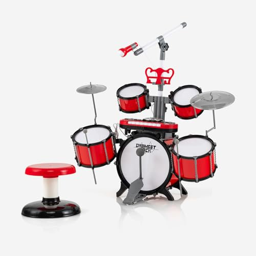 KOMFOTTEU Batteria jazz per bambini oltre 3 anni, con tastiera a 8 tasti, 5 tamburi, microfono, 2 bacchette e connettore MP3