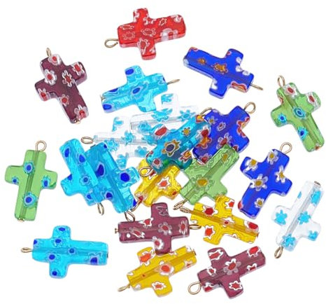 PH PandaHall 21pz Ciondoli in Vetro di Murano a Forma di Croce con Fiore, 20mm Ciondoli a Forma di Croce Colorata con Passante per Orecchini Bracciali Collane Creazione di Gioielli