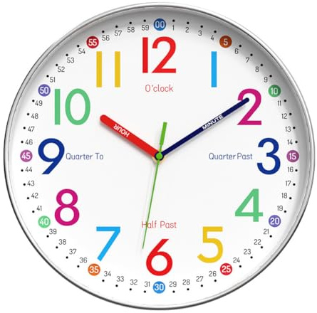 Taodyans Learning Wall Clock for Kids, 12in Silent Time Teaching Clock for Children's Room Decor Classroom (Colourful)