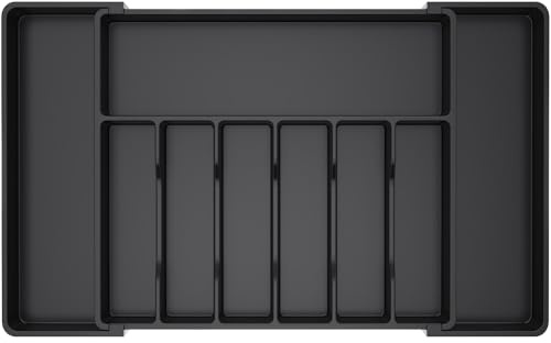 Lifewit Expandable Cutlery Drawer Organiser, 7-9 Compartments Utensil Tray | Adjustable Kitchen Drawer Dividers for Spoons Forks Knives, Plastic Storage Holder, 51-74 x 42cm, Extra Large, Black