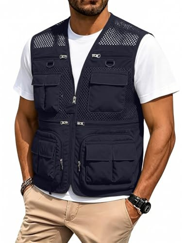 Oanviso Gilet De Travail Multipoches Sans Manches Homme Respirant à Séchage Rapide Veste De Sport Journaliste Cargo Ete Pour Camping Pêche Chasse Photographe A Bleu Marine XXL