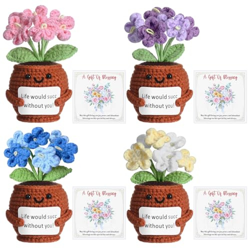 Eurzom 4 Set Crochet Forget Me Not Potted Doll with Blessing Cards Life Would SUCC Without You Farewell Gifts for Coworkers Positive Inspirational Spring Gifts for Teacher Mom Graduation(Brown)